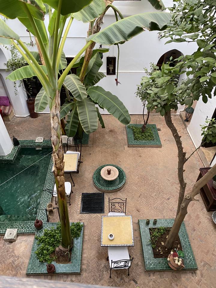 Cour intérieure avec des arbres et une fontaine carrelée.