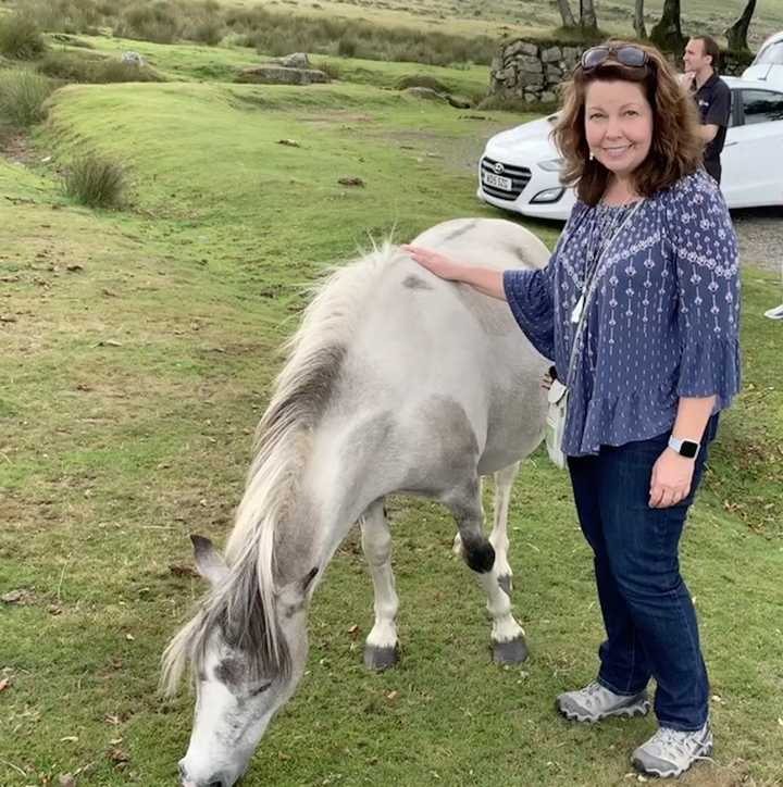 Femme caressant un poney blanc dans une zone herbeuse.