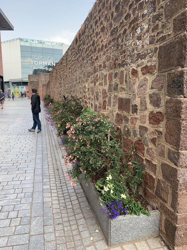 Homme debout près d'un mur de pierre décoré de fleurs.