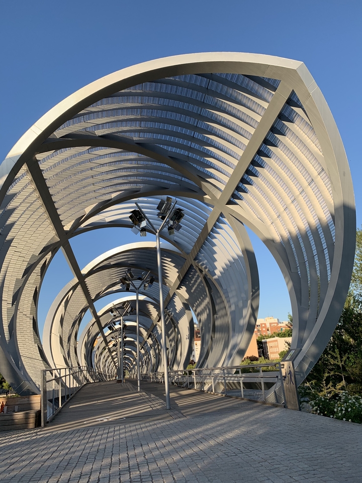 Modern architectural structure with curved lines and metal framework.