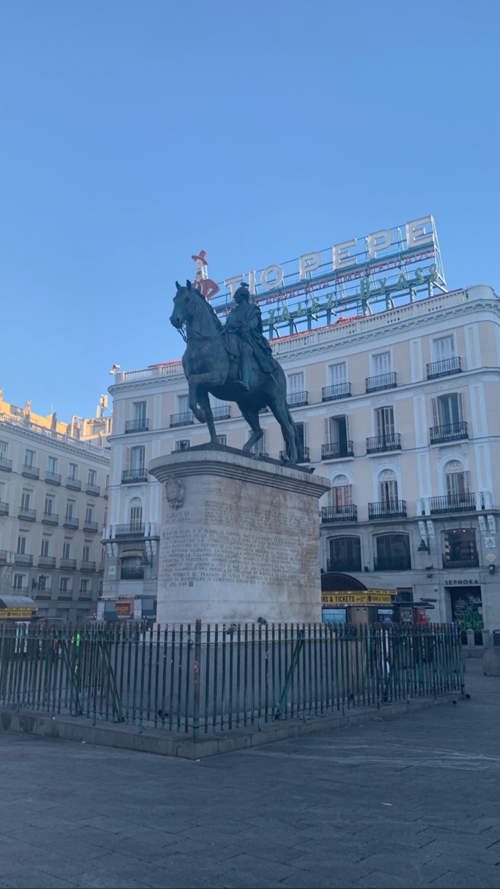 Statue équestre avec bâtiments historiques en arrière-plan.