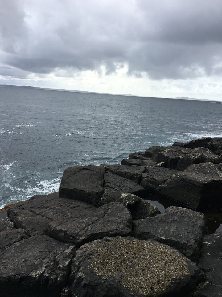 Rivage rocheux avec des vagues qui se brisent et un ciel couvert.