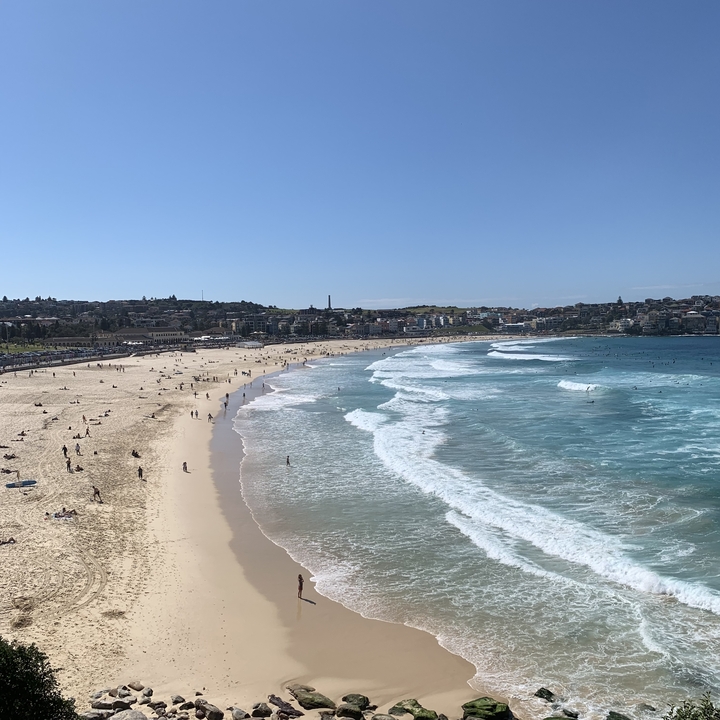 Crowded Bondi Beach with waves and swimmers.