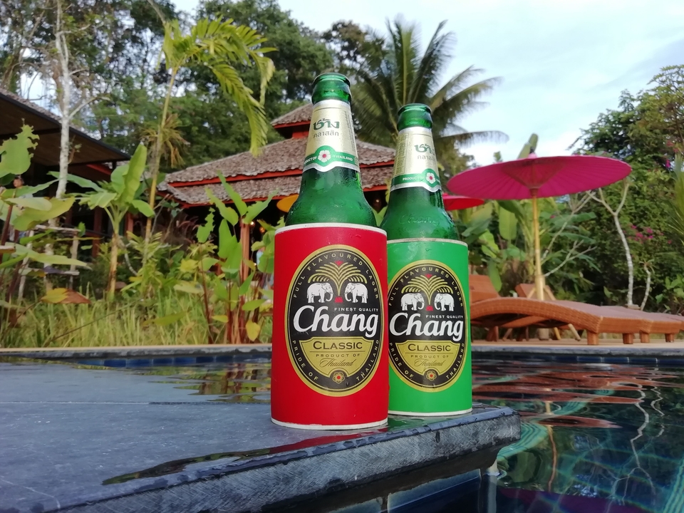 Deux bouteilles de bière Chang avec des étiquettes colorées, posées sur un rebord au bord d'une piscine, dans un cadre de jardin tropical.