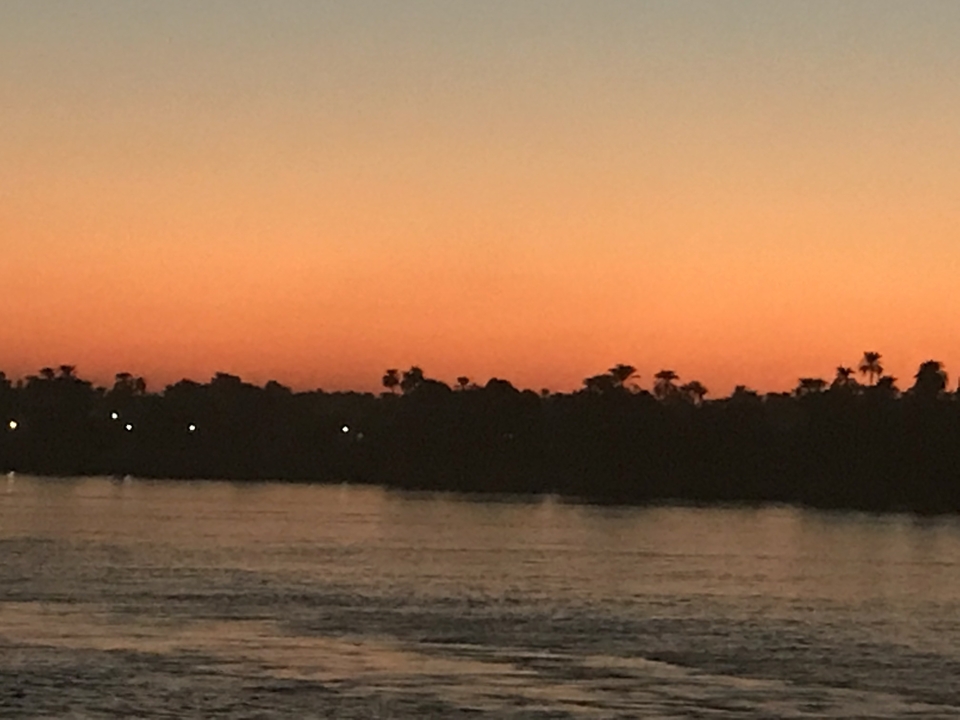 Silhouette d'arbres contre un coucher de soleil au-dessus d'une rivière.