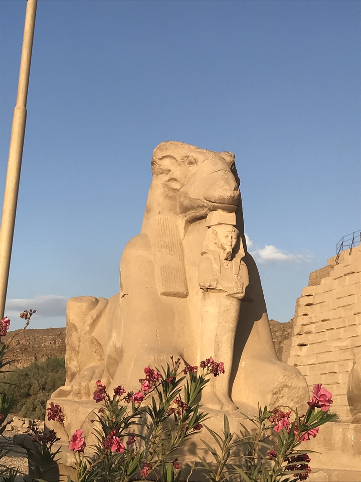 Statue de sphinx avec un décor égyptien.