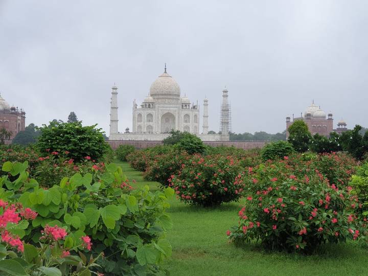 Vue du Taj Mahal depuis les jardins.