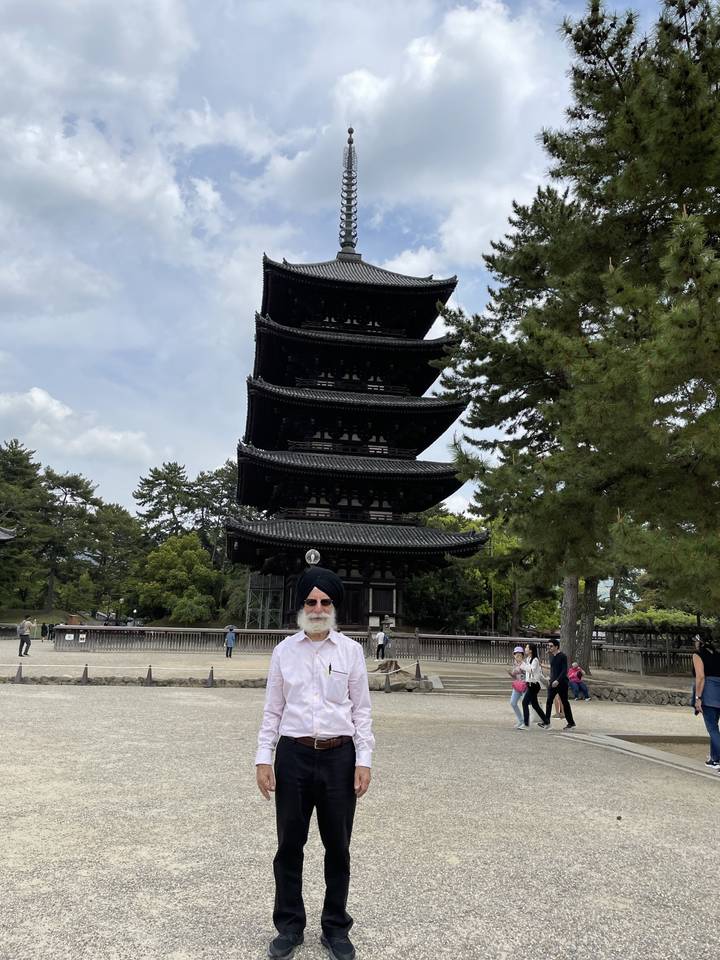 Personne debout devant une pagode.