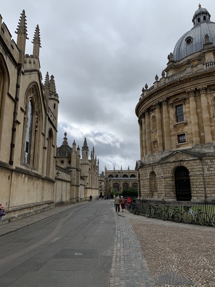 Bâtiments historiques en pierre avec une façade ornée par une journée nuageuse.