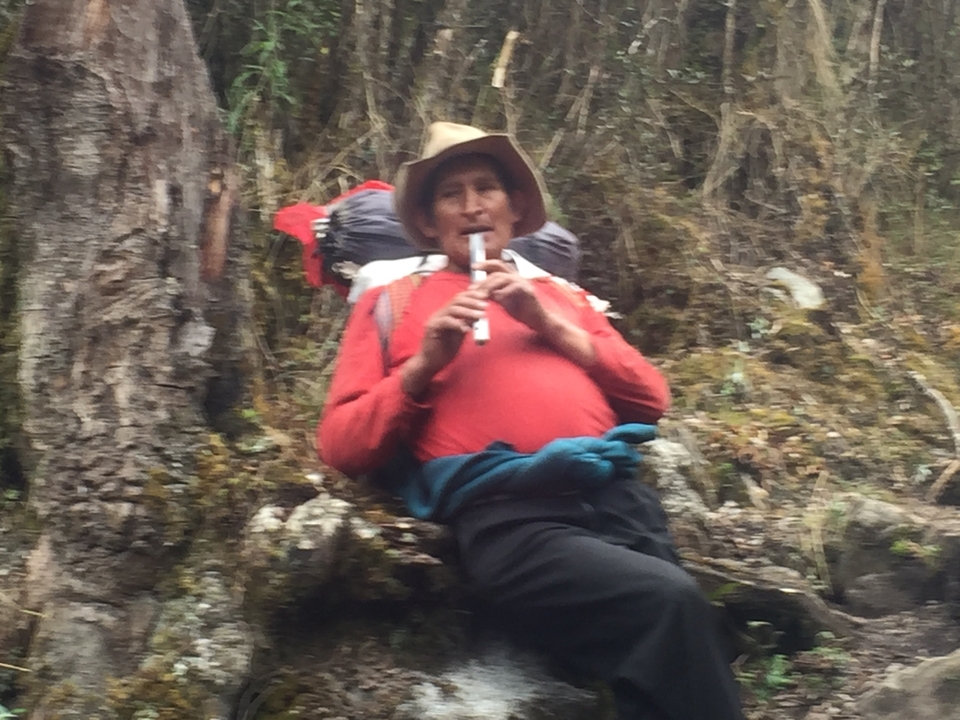 Un homme jouant de la flûte dans un cadre naturel.