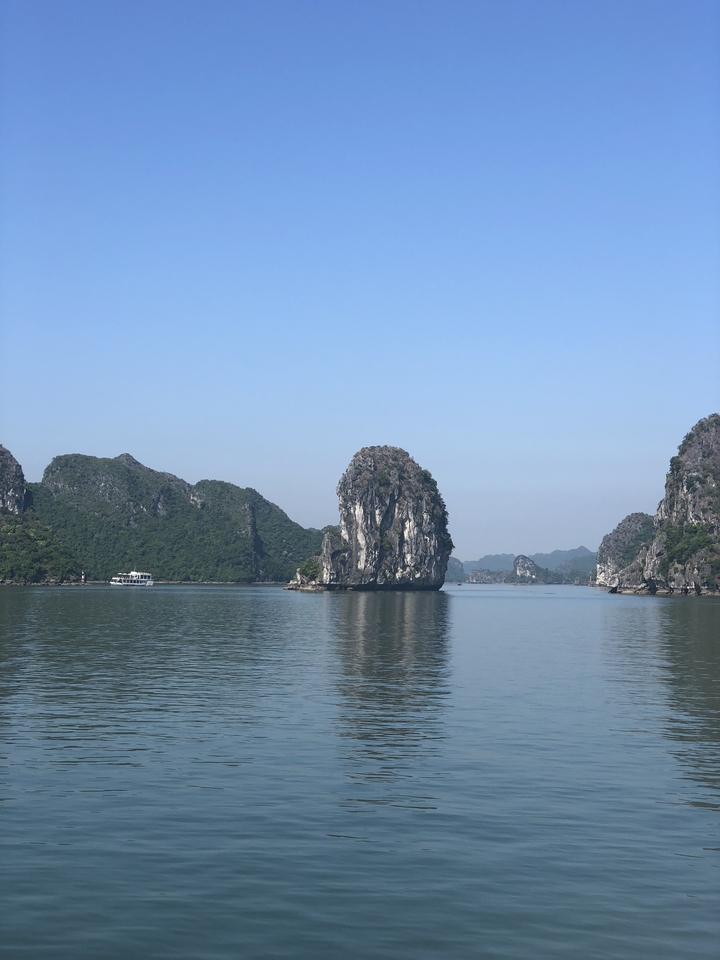 Karsts calcaires s'élevant de la baie d'Halong avec des bateaux d'excursion.