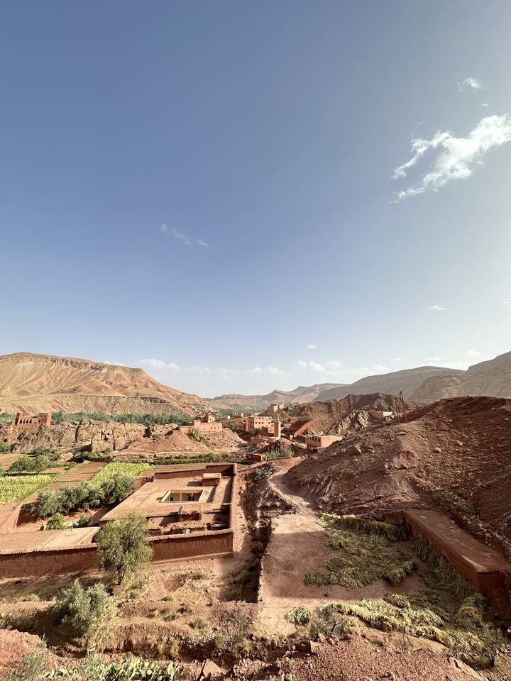 Paysage désertique rocheux avec végétation éparse.
