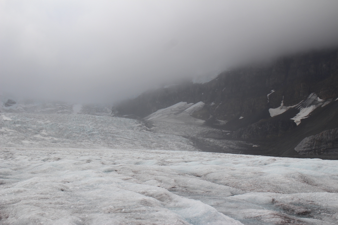 Paysage glaciaire enveloppé de brouillard.