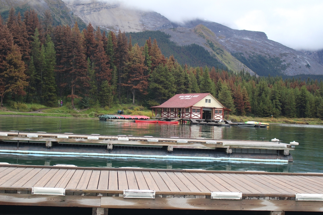 Cabane de bateau sur un lac entouré de forêt et de montagnes.