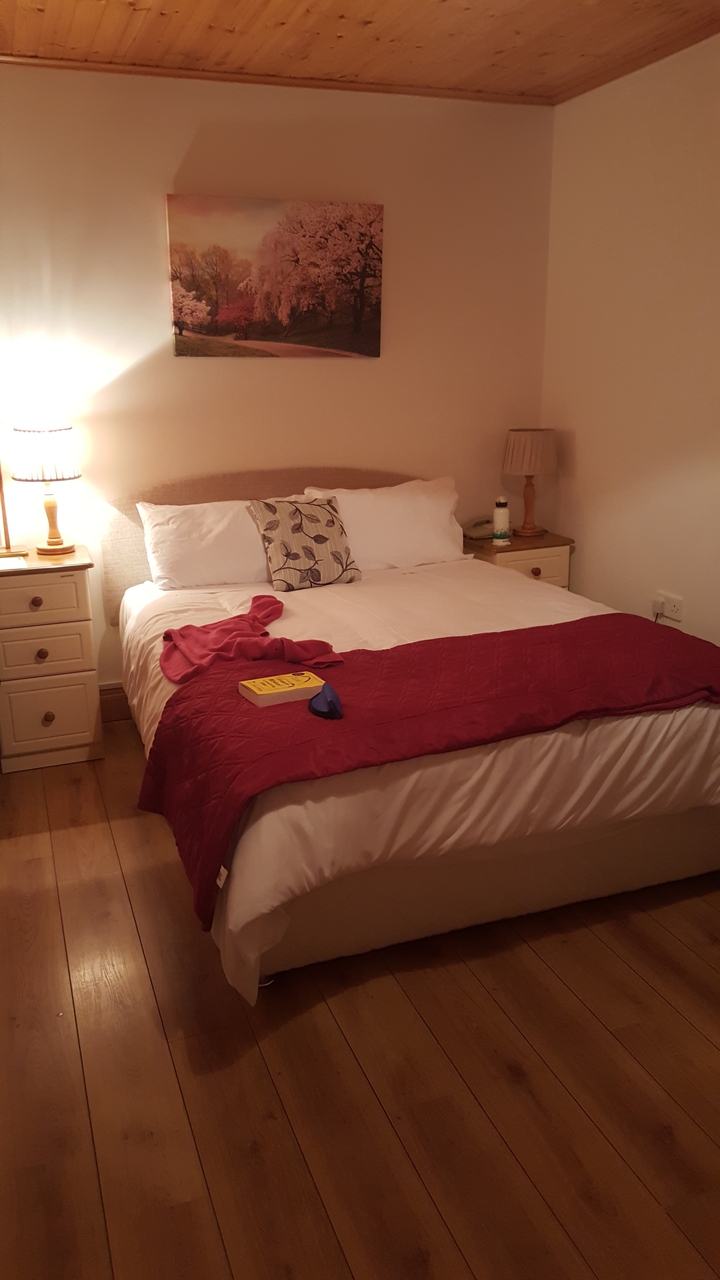 Une chambre à coucher confortable avec une couette rouge et un livre sur le lit.