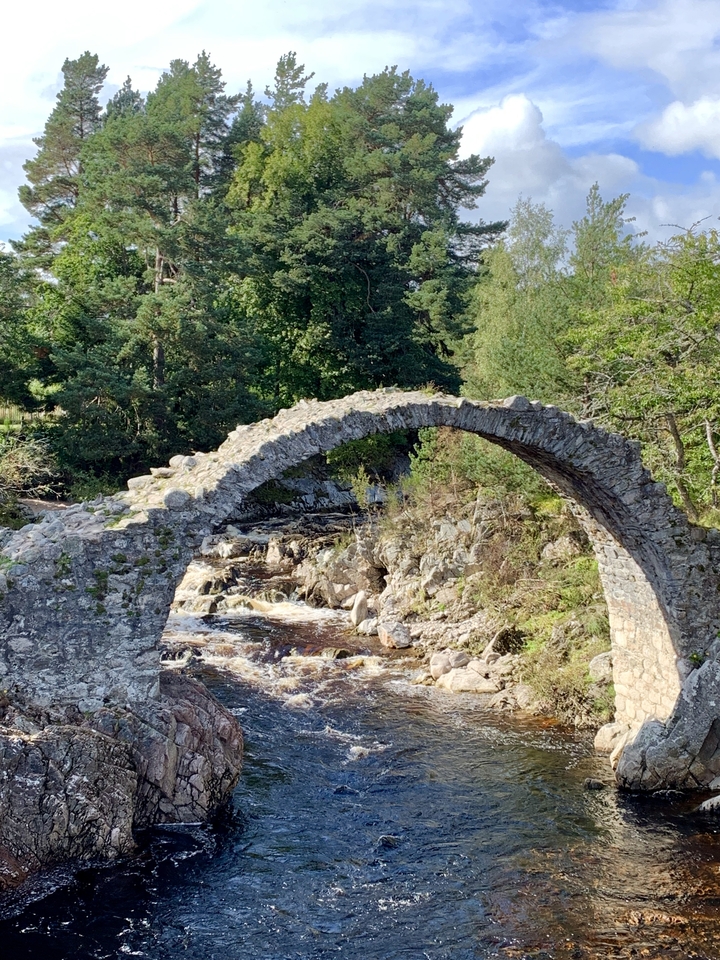 Pont voûté en pierre au-dessus d'un ruisseau qui s'écoule avec de la verdure tout autour.