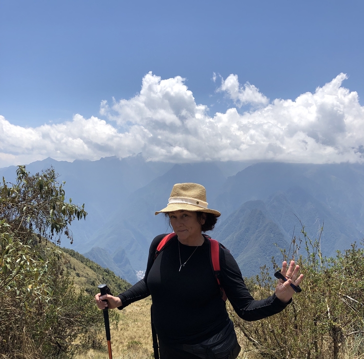 Personne avec un chapeau debout devant un arrière-plan de montagnes et de nuages.