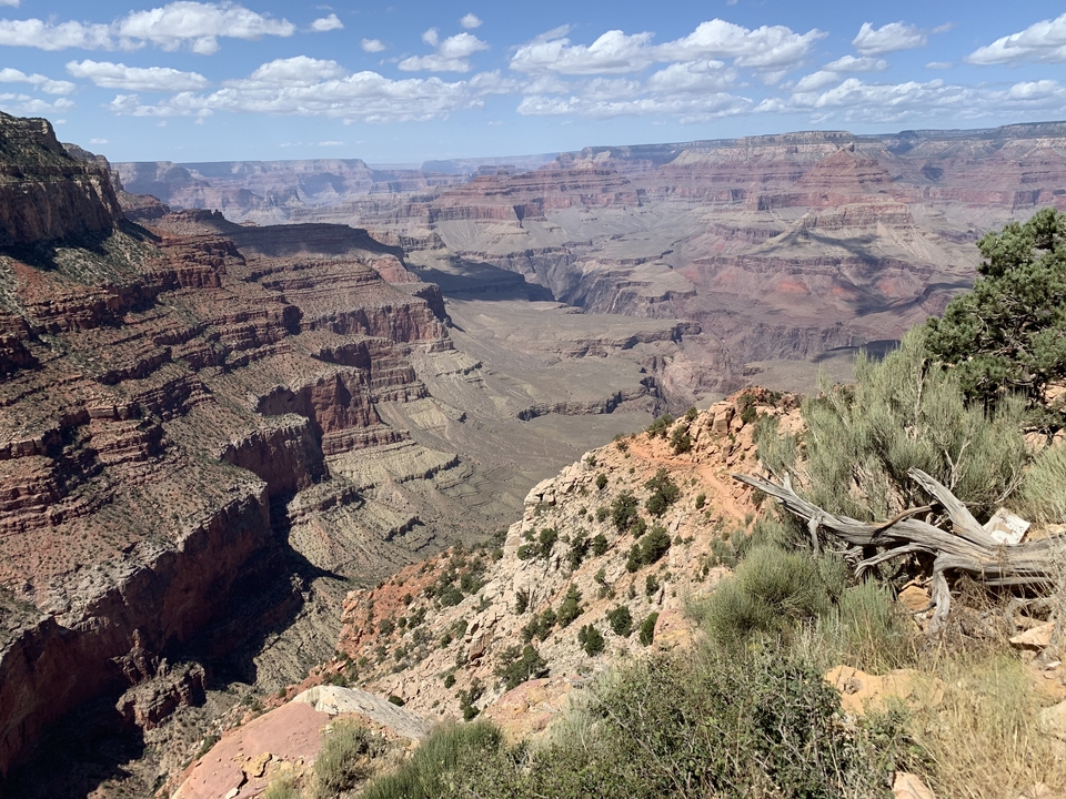 Vaste paysage de canyon avec formations rocheuses et végétation.