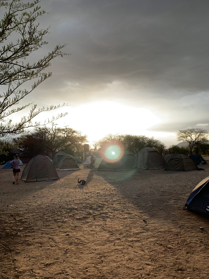 Terrain de camping avec des tentes sous un soleil éclatant.