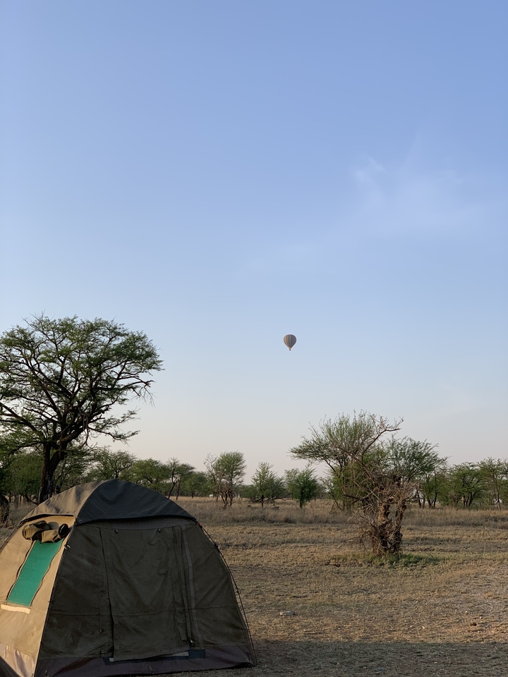 Montgolfière dans le ciel au-dessus d'un paysage.