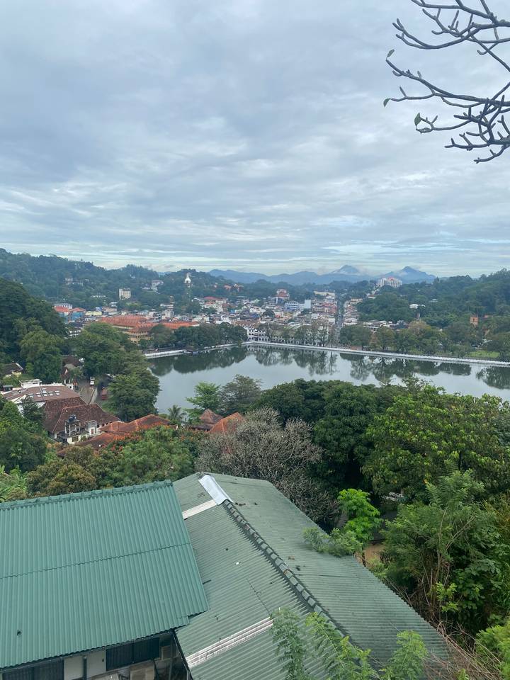 Vue panoramique de la ville depuis une colline avec des bâtiments et une rivière.