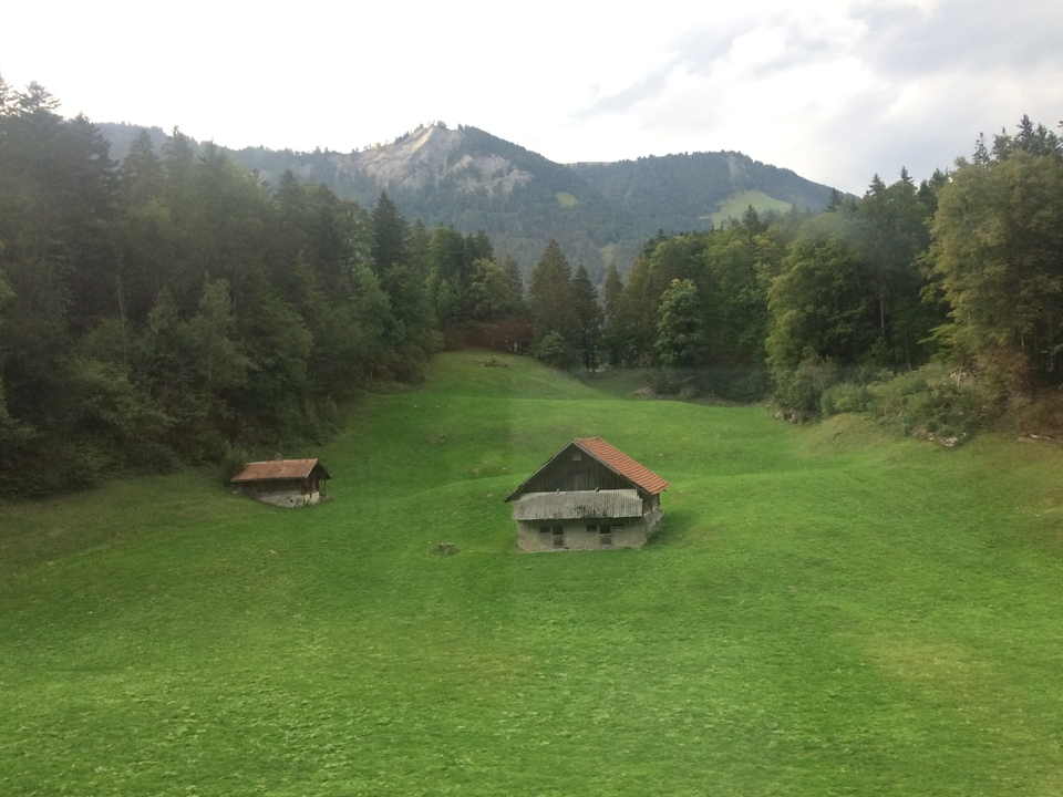 Maisons sur un champ vert avec des montagnes en arrière-plan.