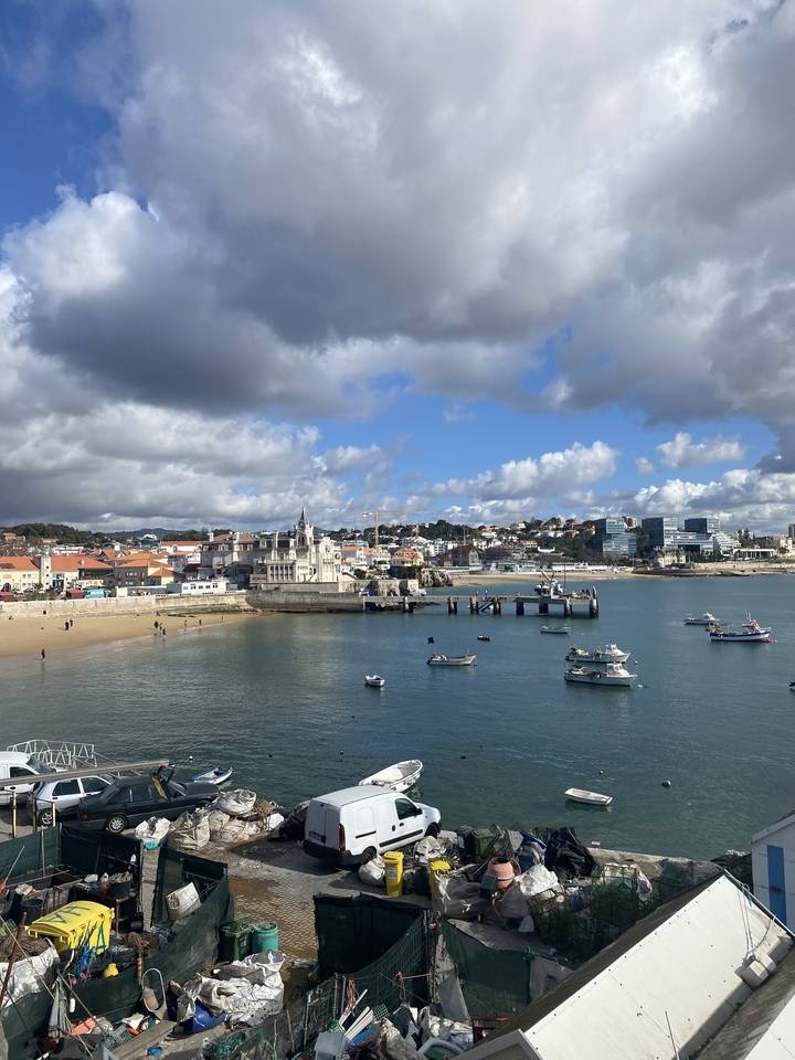 Vue panoramique d'une ville côtière avec des bateaux sur une eau claire et un ciel nuageux.