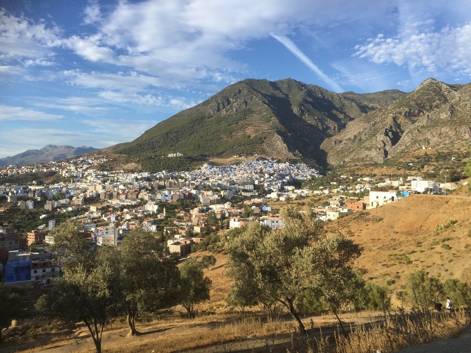 Une vue d'une ville à flanc de colline avec des bâtiments bleus et blancs nichés entre des collines verdoyantes.