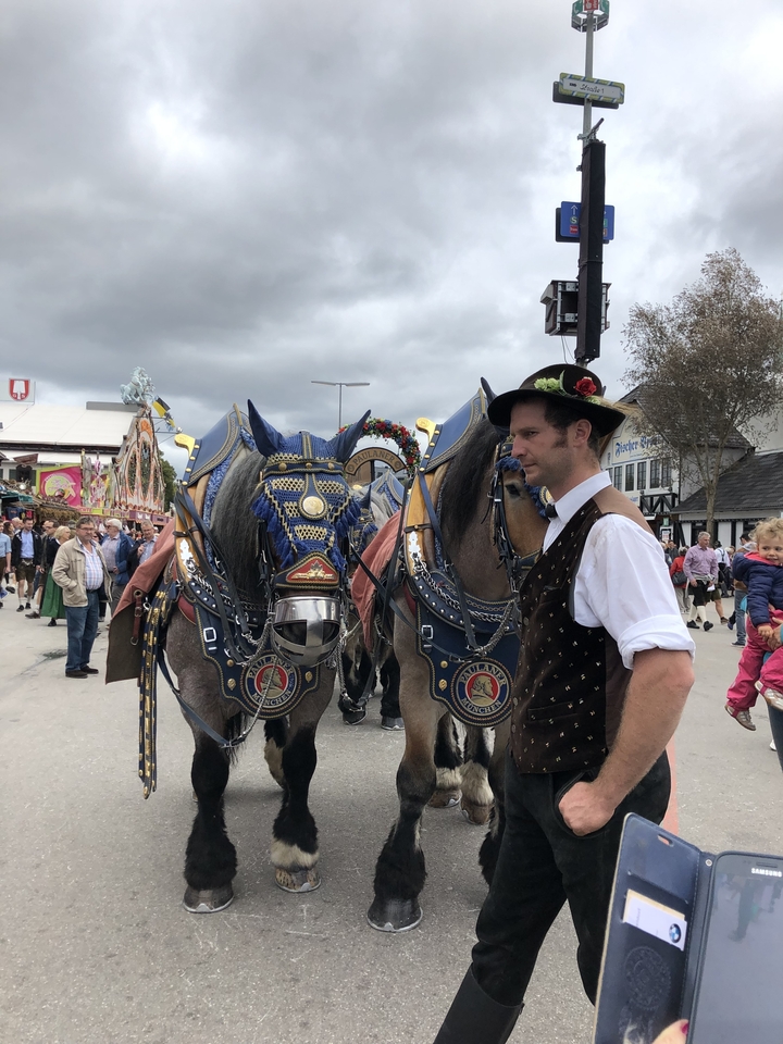 Un homme debout avec des chevaux décorés lors d'un festival.