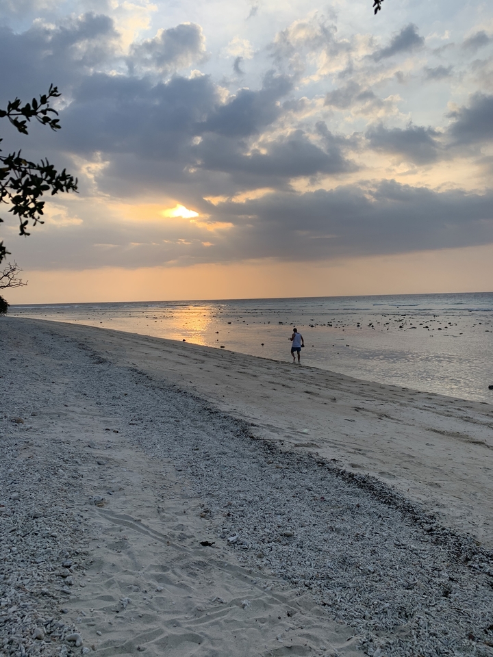 Personne marchant sur une plage au coucher du soleil.