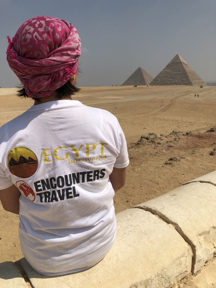 Personne portant un t-shirt de marque avec une vue du désert égyptien.