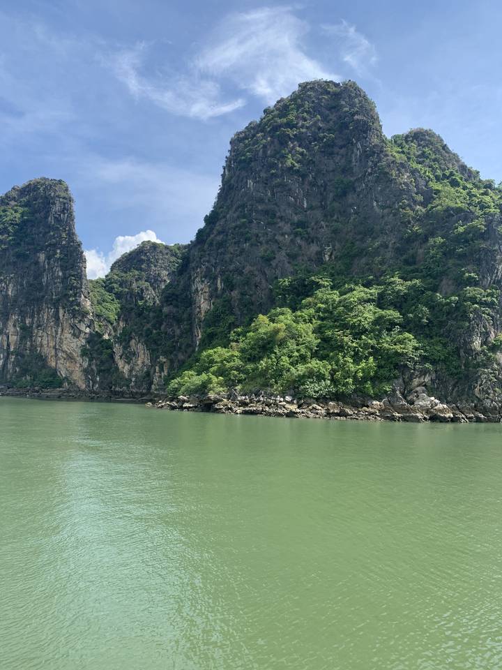 Falaise rocheuse escarpée couverte de verdure au bord de l'eau.