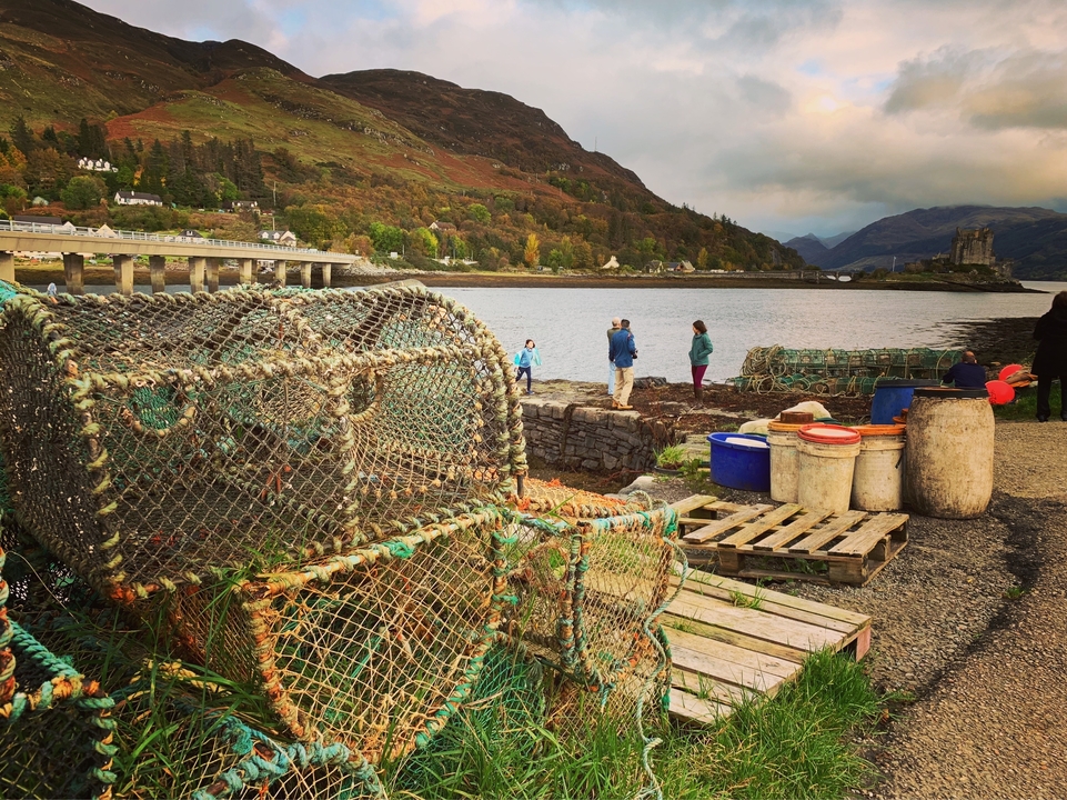 Pêcheurs travaillant près de l'eau avec des casiers à homards au premier plan.