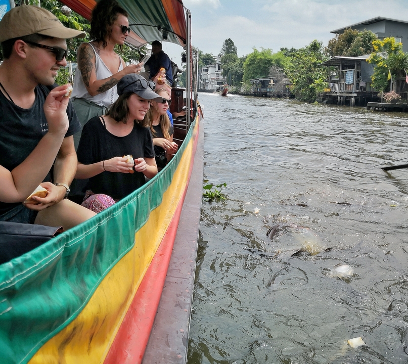 People feeding fish from a boat on a river.