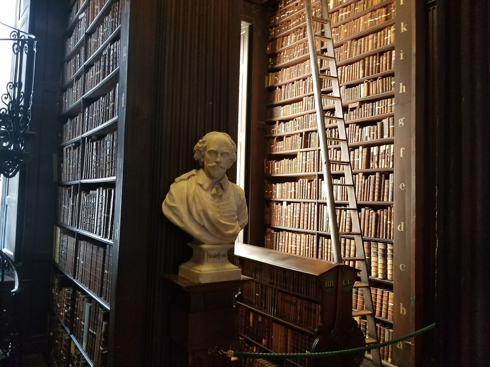 Buste statue à côté de hautes étagères dans une bibliothèque.