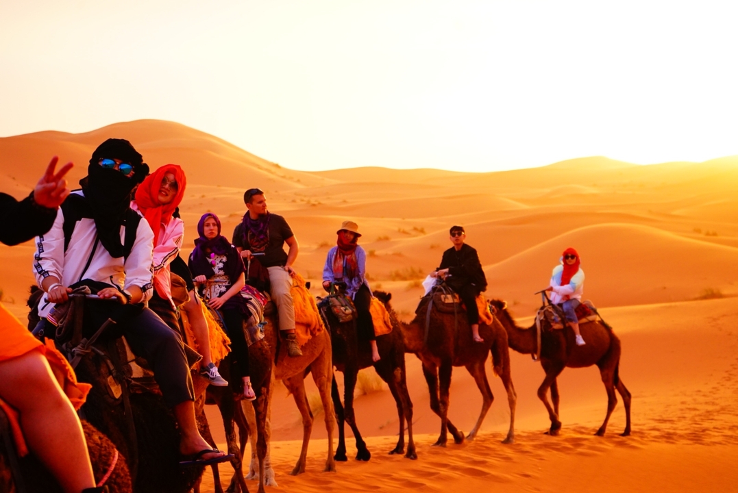 Groupe de personnes montant des chameaux dans le désert au coucher du soleil.