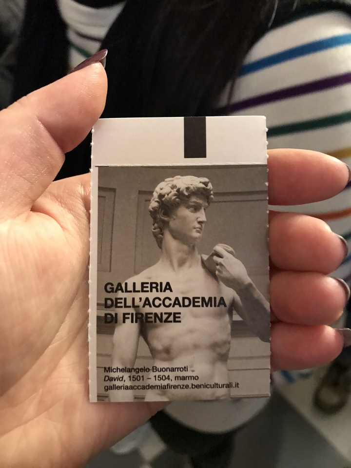 Main tenant un billet pour la Galleria dell'Accademia.