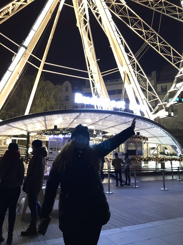 Person posing in front of a brightly lit Ferris wheel.