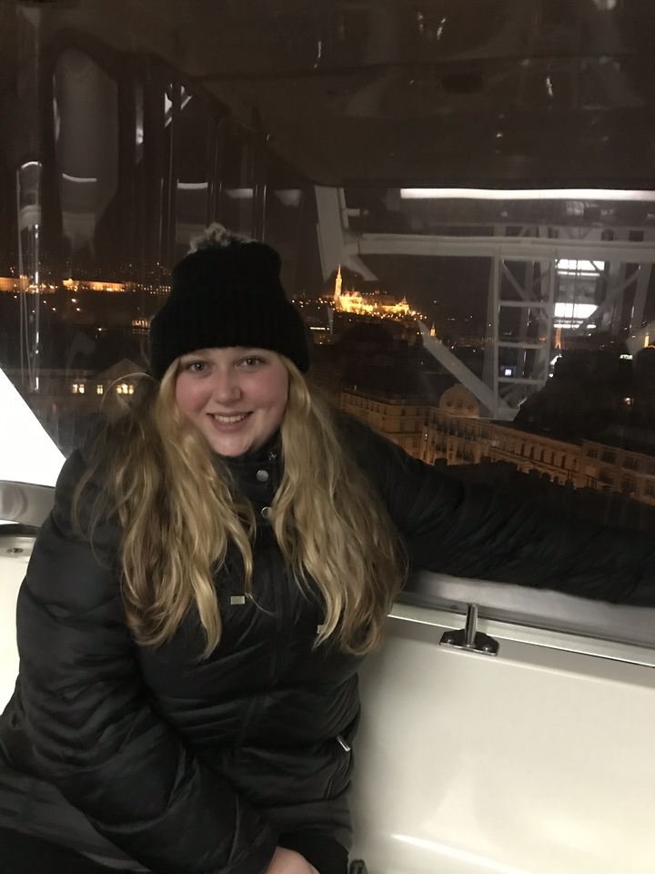 Personne dans une nacelle de grande roue avec vue sur l'horizon nocturne.