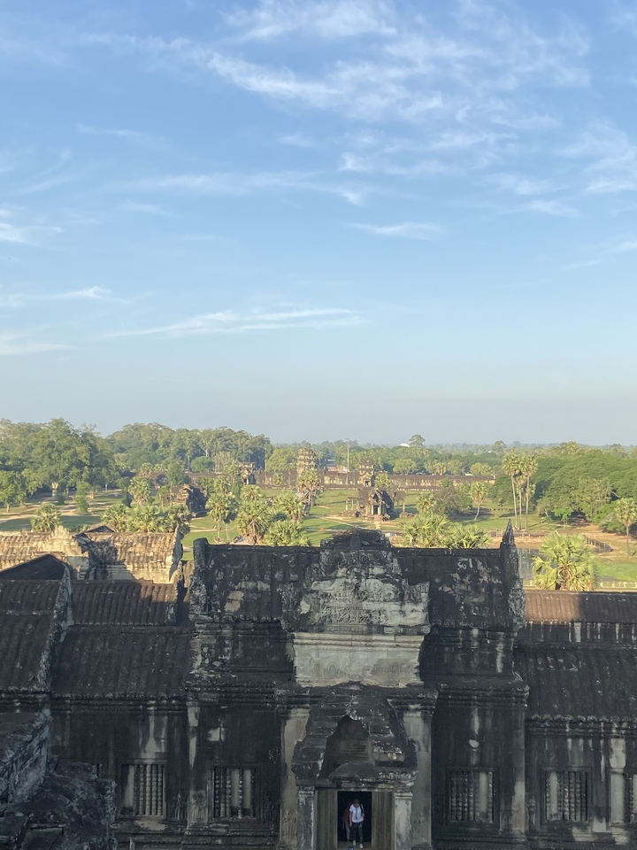 Vue panoramique d'Angkor Vat avec une végétation luxuriante tout autour.