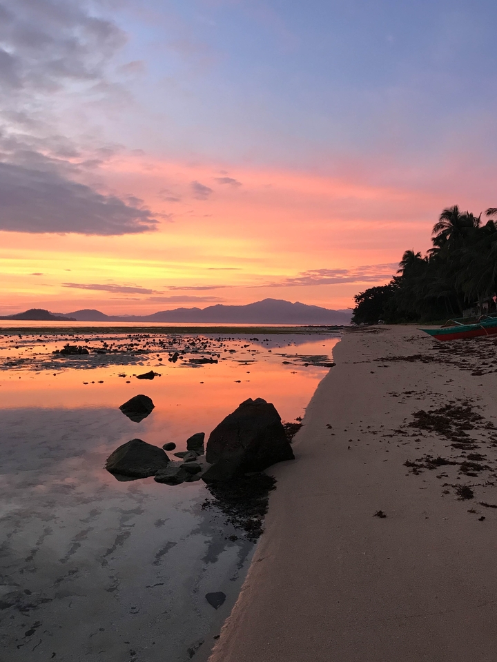Coucher de soleil pittoresque sur une plage avec des palmiers et des montagnes au loin.