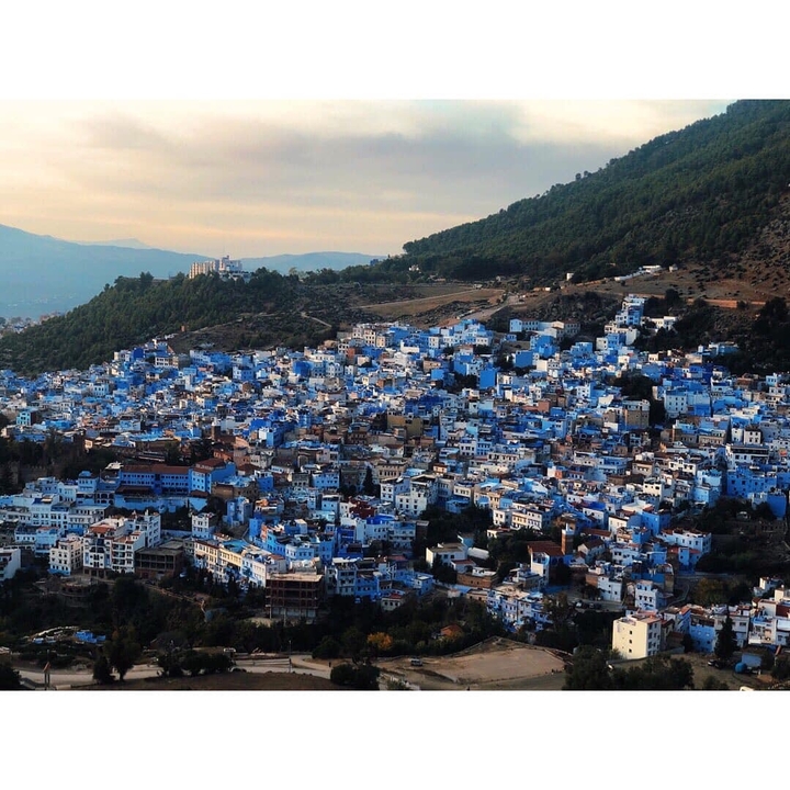 Panoramic view of the blue cityscape of Chefchaouen.