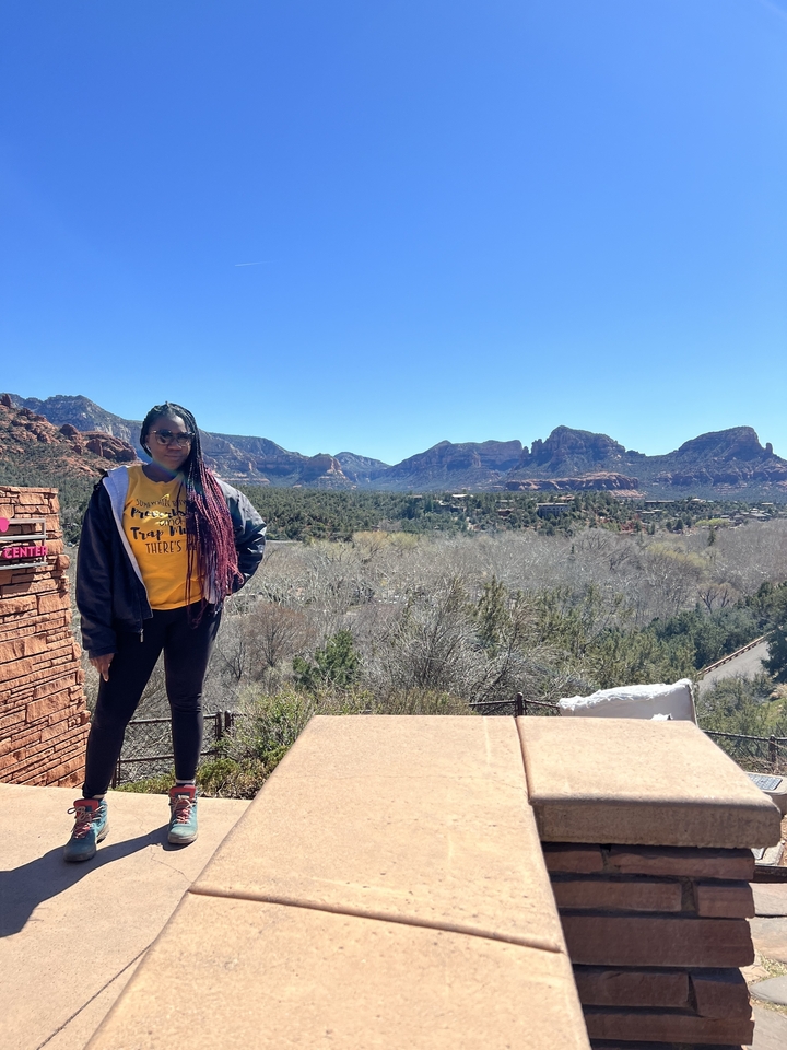 Une personne debout devant un paysage pittoresque avec des montagnes.