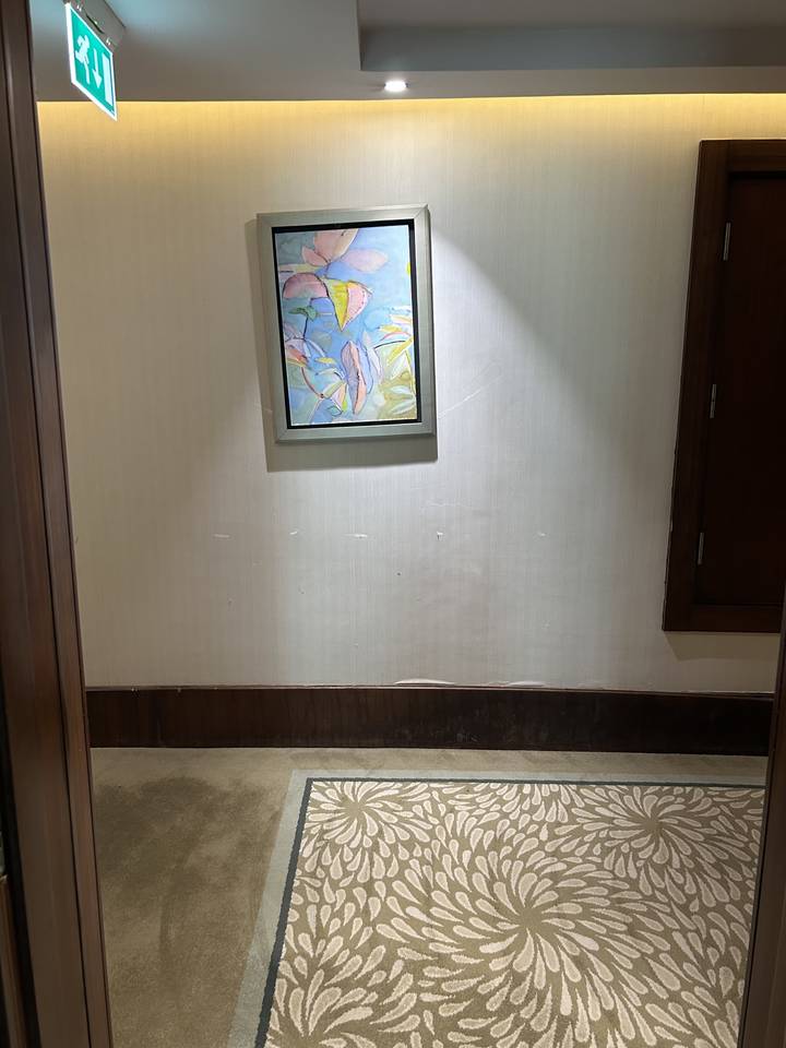 Kunstwerk an einer Wand in einem Hotelkorridor.