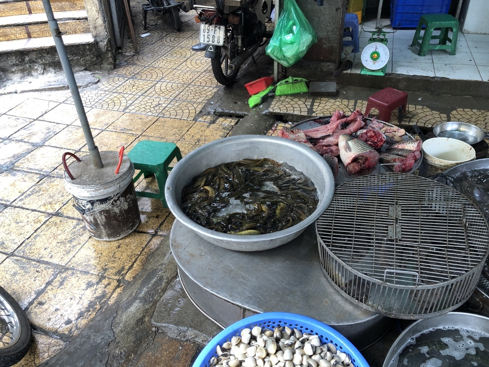 Poissons et autres articles sur le sol d'un marché humide.