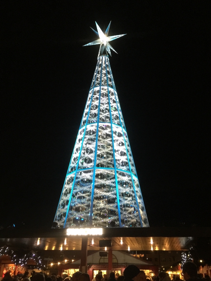Vue nocturne d'une grande structure de verre illuminée ressemblant à un sapin de Noël.