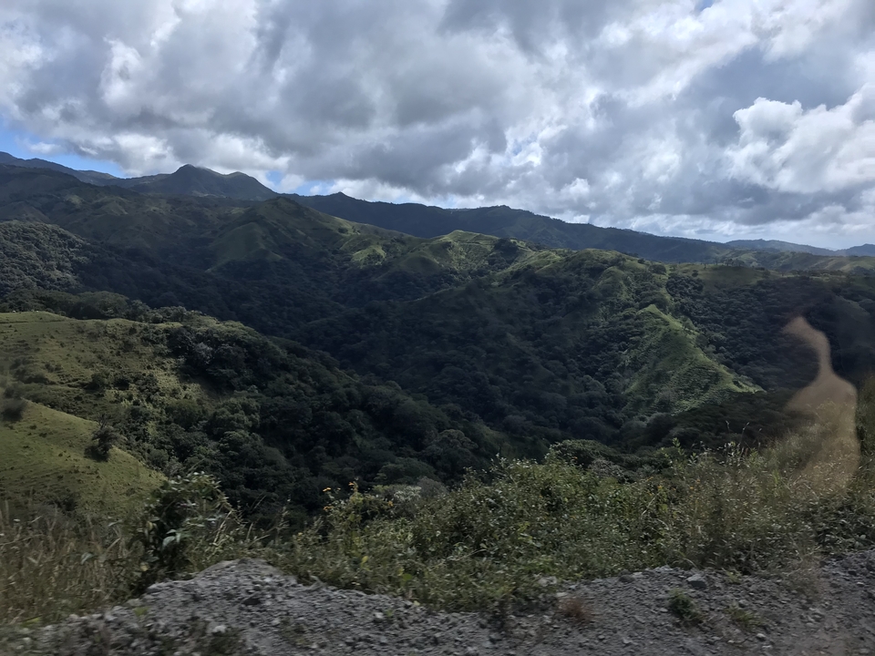 Paysage vallonné avec une forêt dense sous un ciel nuageux.