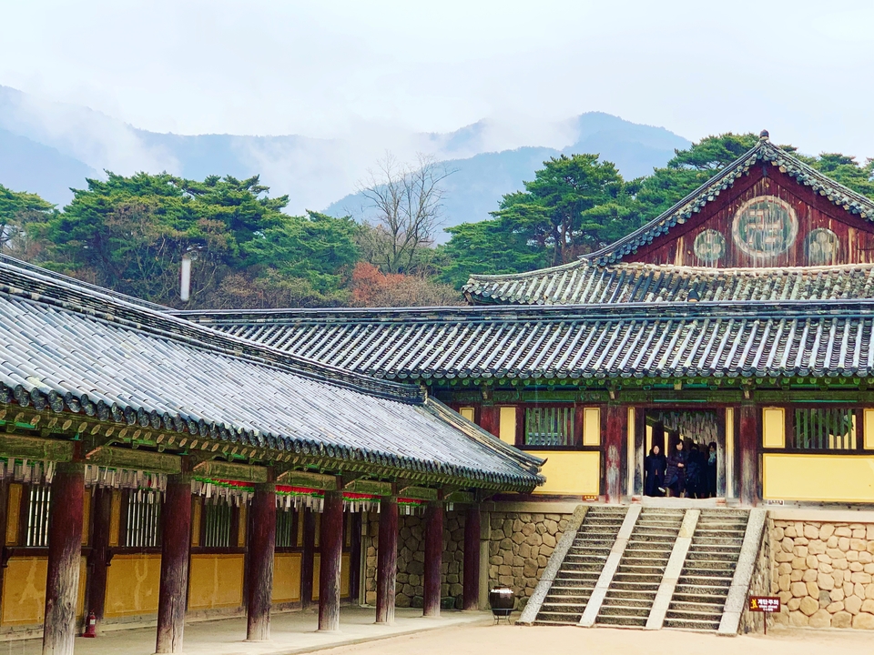 Temple avec architecture coréenne traditionnelle au milieu de collines boisées.
