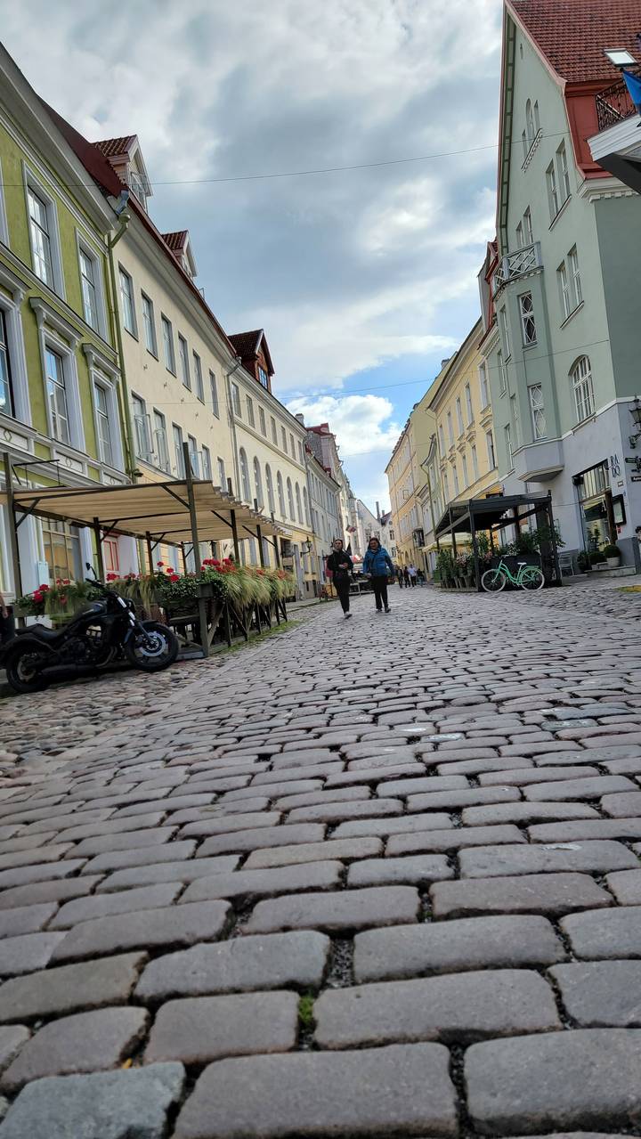 Cobbled street with people walking and historic buildings.