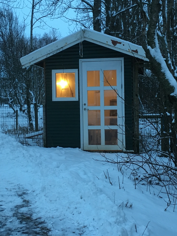 Petite cabane avec une lumière allumée, entourée de neige